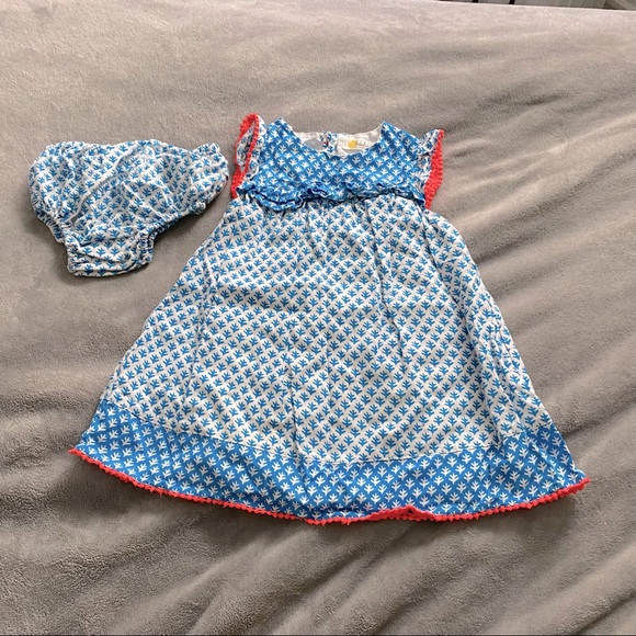 BabyBoden Blue and White Print Dress with Bloomers EUC 12-18 Months - Picture 1 of 7